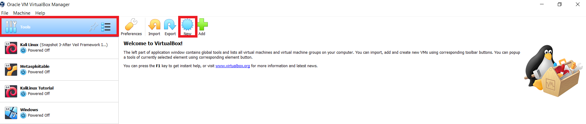 Tools in Oracle VirtualBox Manager