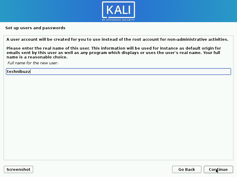 Full Name of Kali Linux User Account