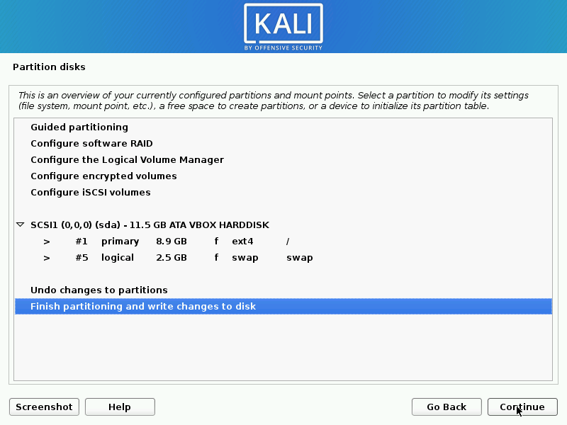 Validate Partitioning for Kali Linux Installation